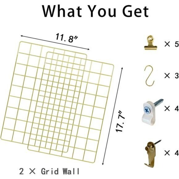 Gold Wall Grid Panel Set Photo Display Organizer with Hooks Clips 2 Pack - Picture 2 of 7
